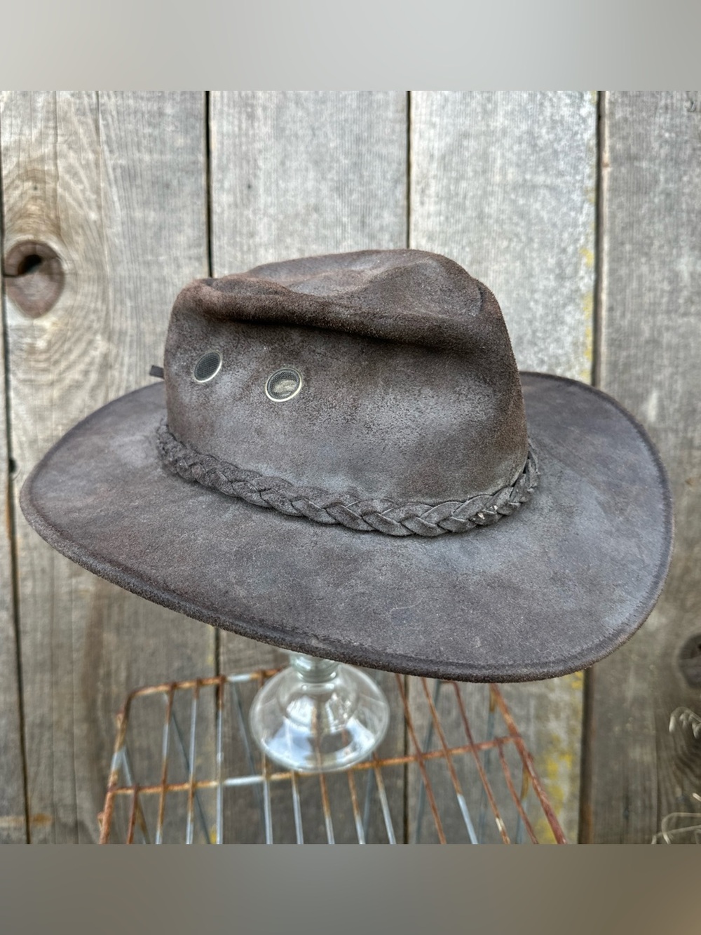 VTG 90s Wilson's Leather Suede Western Outback Hat Braided Band USA Made